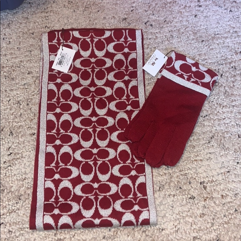 COACH Red & Silver Knit Muffler & Knit Gloves
